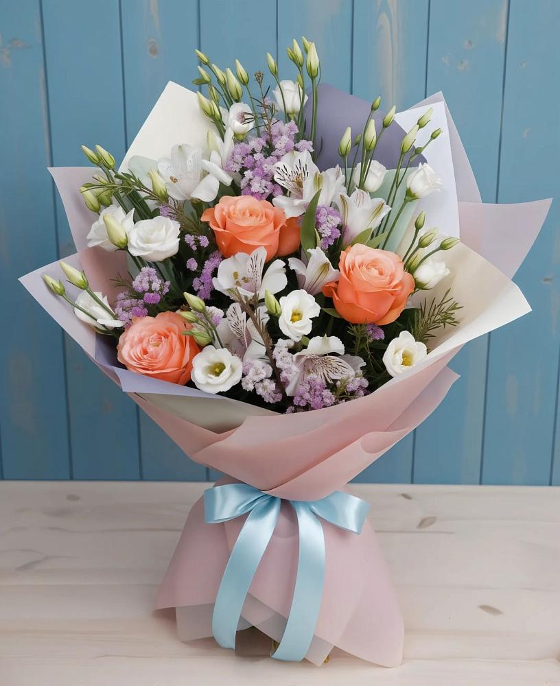 Букет цветов из: Лизиантусы, Розы, Альстромерии и Гипсофила в Алферьево