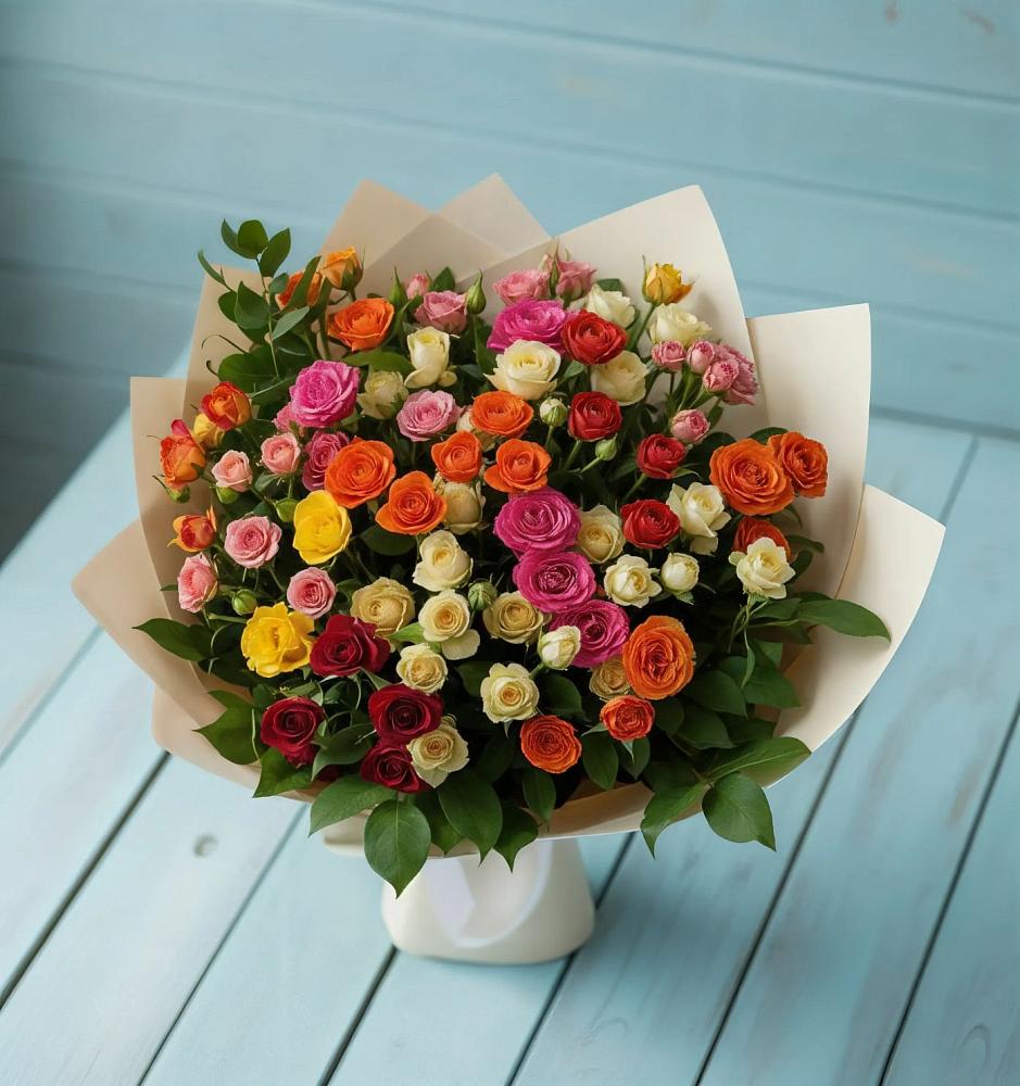 Букет Микс из разноцветных кустовых роз в Алферьево