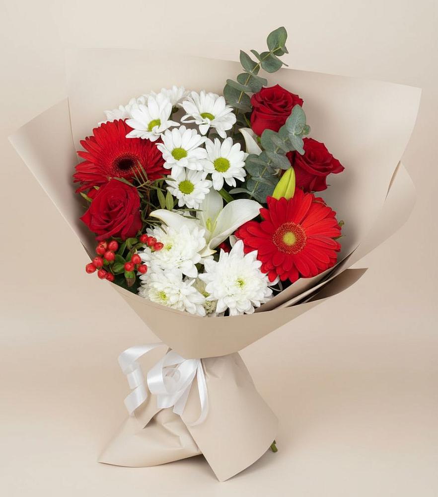 Букет цветов из: Розы, Хризантемы, Герберы и Лилии в Алферьево