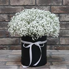 Цветочная композиция из Гипсофила в шляпной коробке в Алферьево