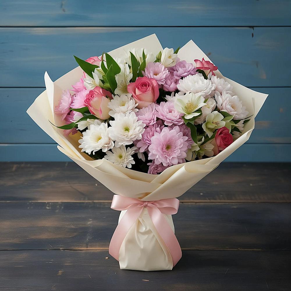 Букет цветов из: Хризантемы, Альстромерии и Розы в Алферьево